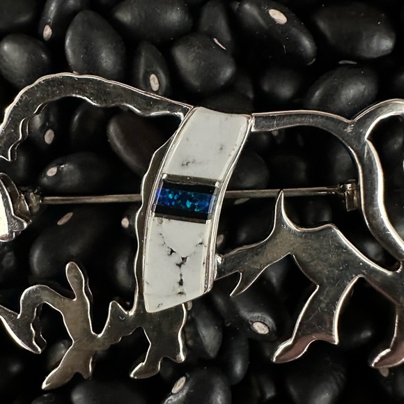 Vintage Sterling Silver Stamped Buffalo Bison Brooch / Pendant with Inlay - Picture 5 of 7